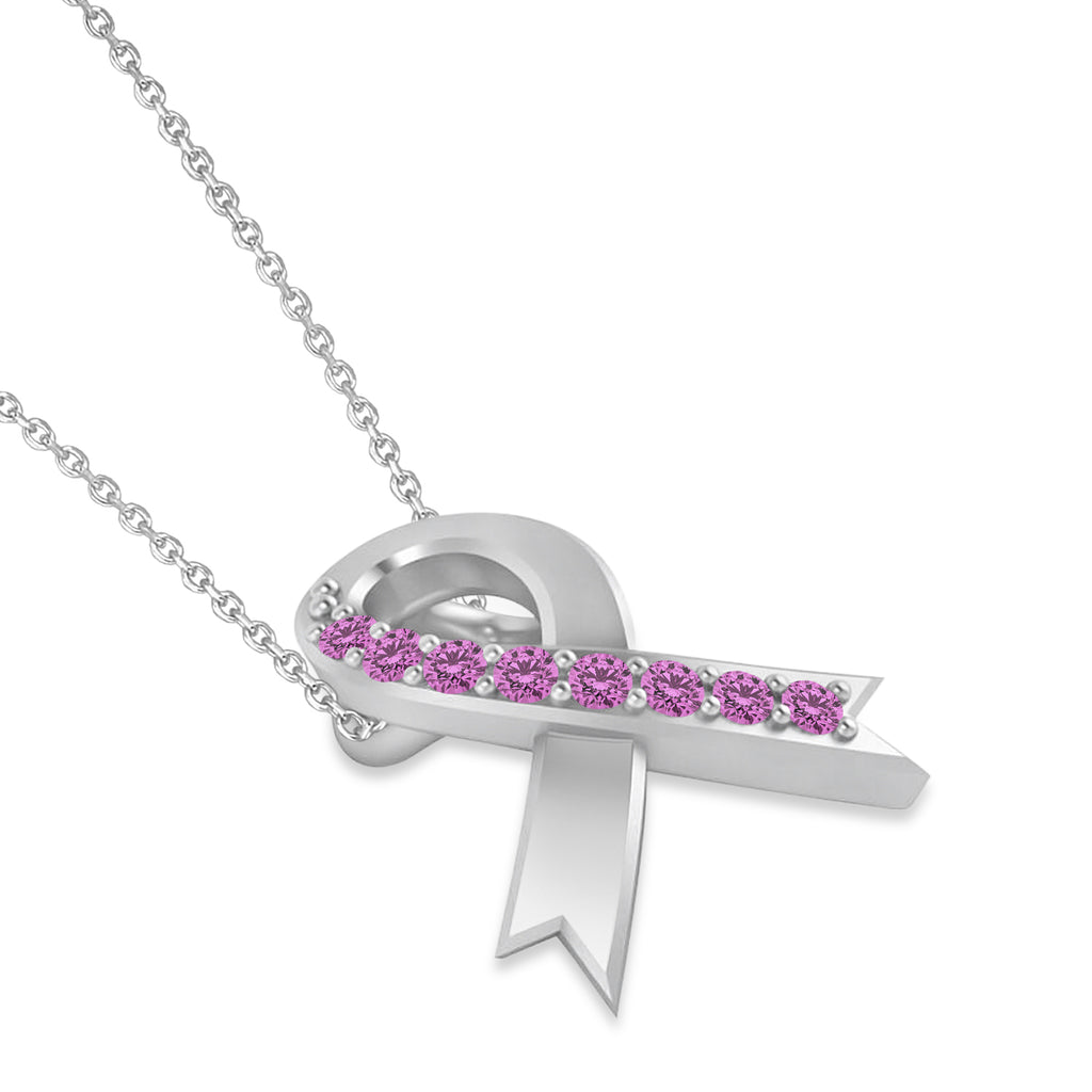 Pink Sapphire Ribbon Awareness Charm Pendant Necklace 14K White Gold (0.16ct)