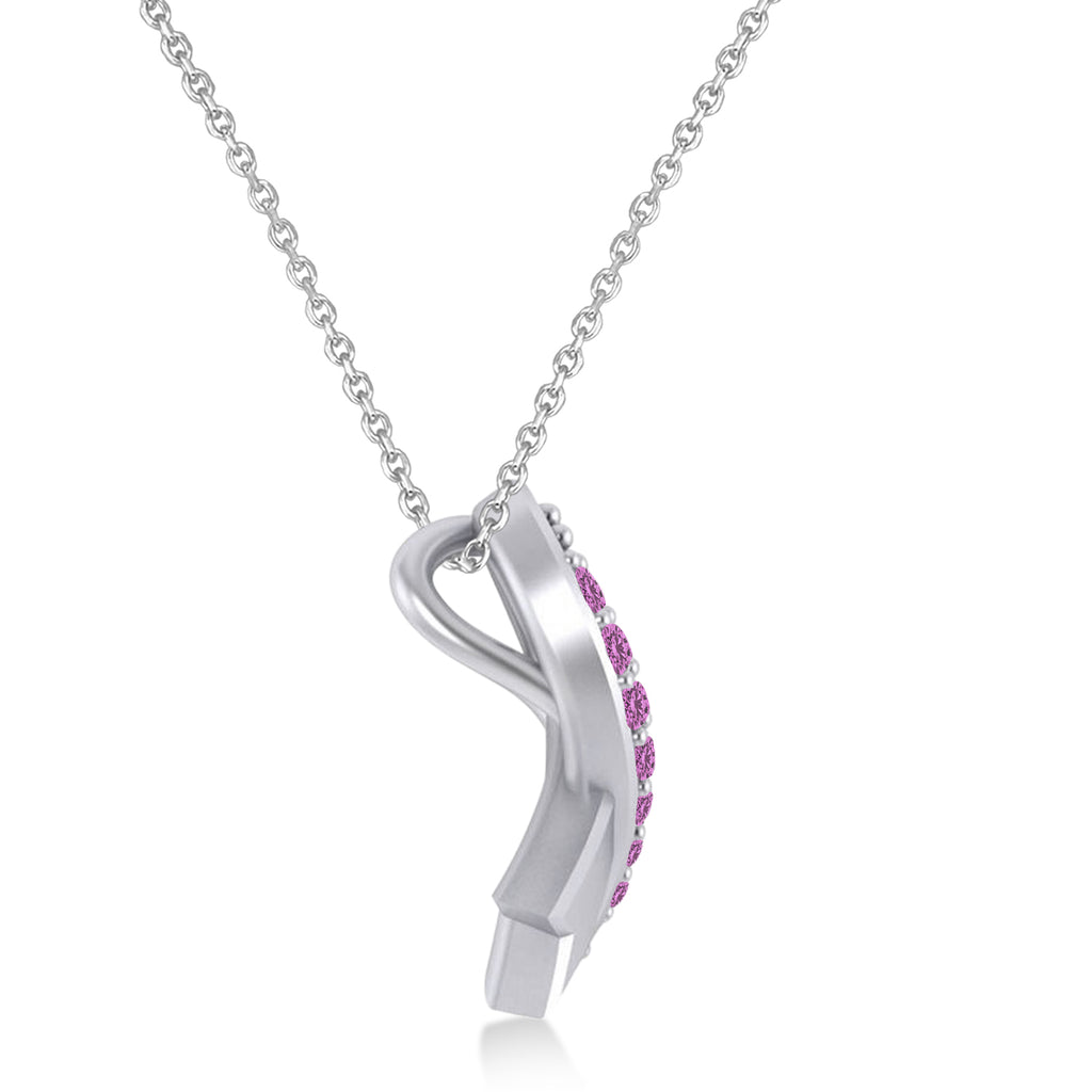 Pink Sapphire Ribbon Awareness Charm Pendant Necklace 14K White Gold (0.16ct)