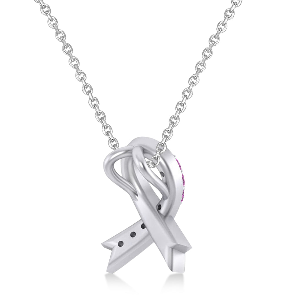 Pink Sapphire Ribbon Awareness Charm Pendant Necklace 14K White Gold (0.16ct)