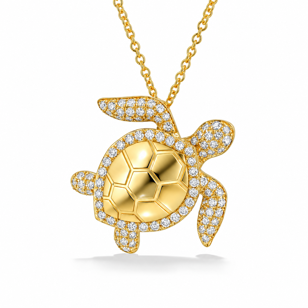 Sea Turtle Pendant Necklace 14K Yellow Gold 0.50ct