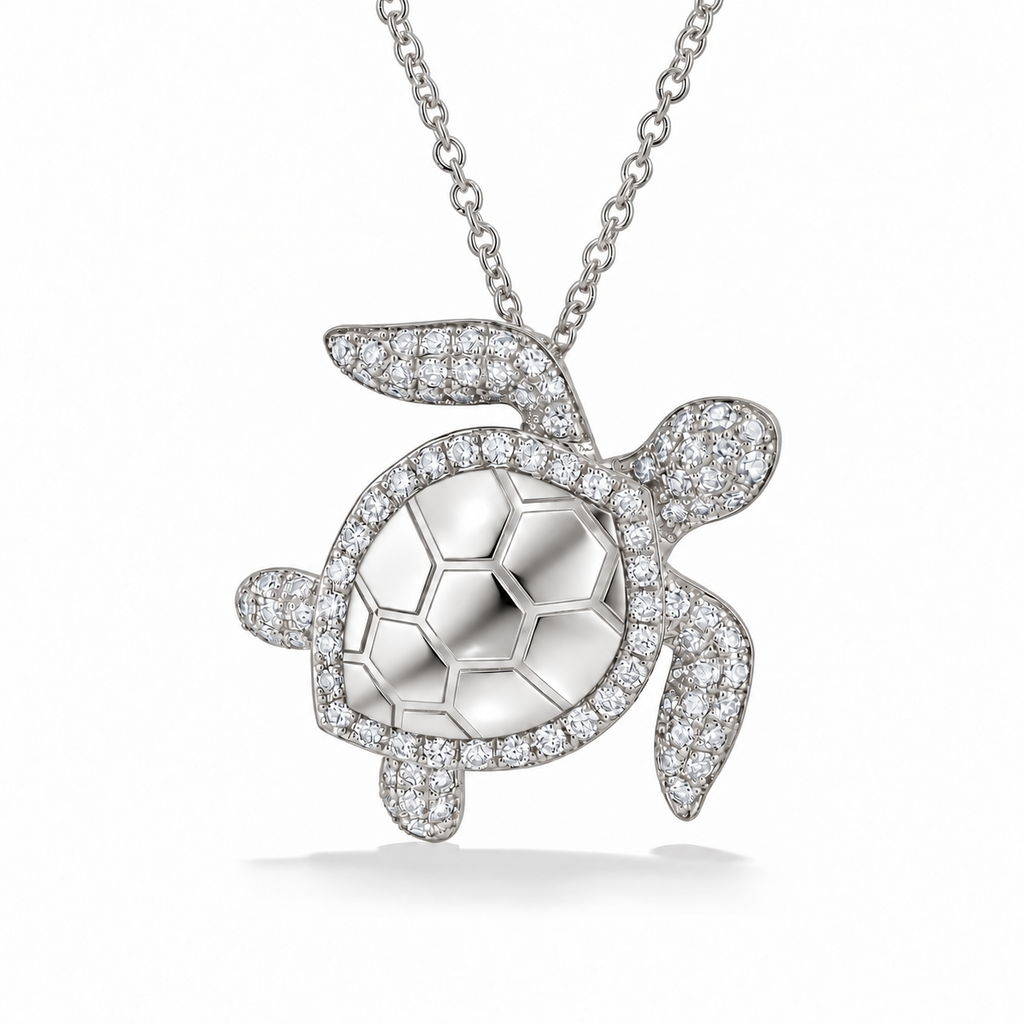 Sea Turtle Pendant Necklace 14K White Gold 0.50ct