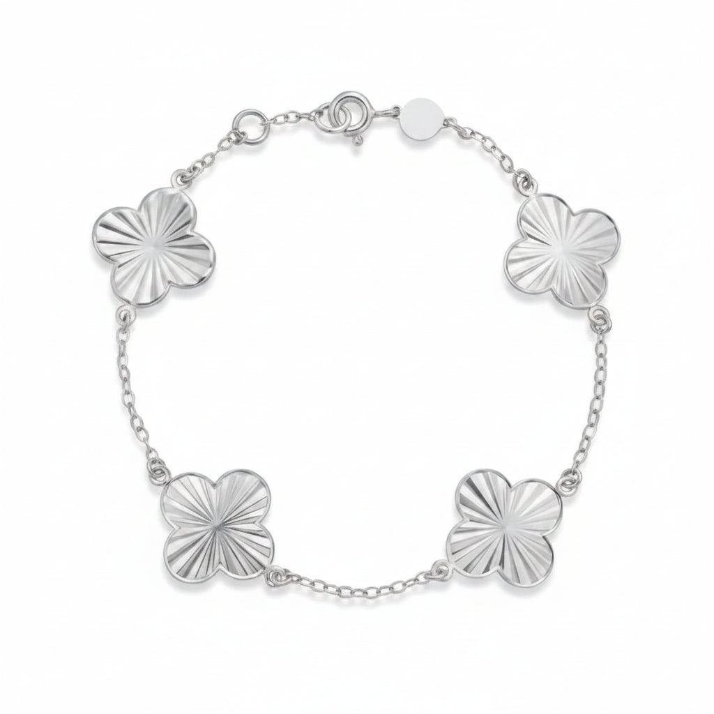 Diamond Cut Stationed Clover Flowers Adjustable Bracelet 14K White Gold