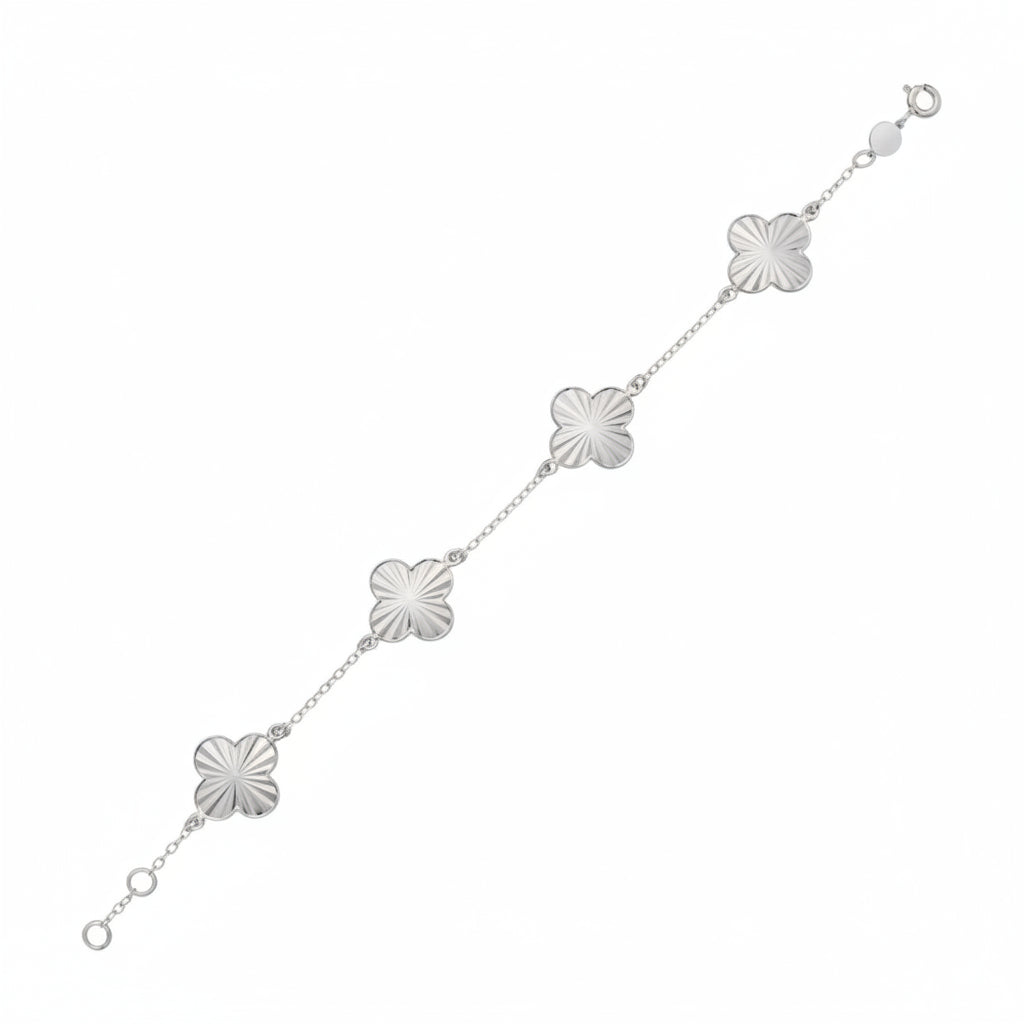 Diamond Cut Stationed Clover Flowers Adjustable Bracelet 14K White Gold