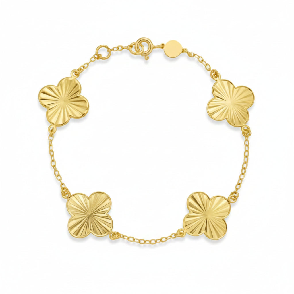 Diamond Cut Stationed Clover Flowers Adjustable Bracelet 14K Yellow Gold