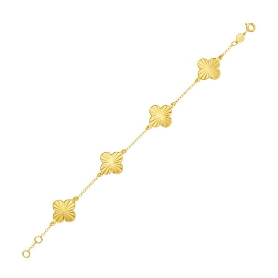Diamond Cut Stationed Clover Flowers Adjustable Bracelet 14K Yellow Gold