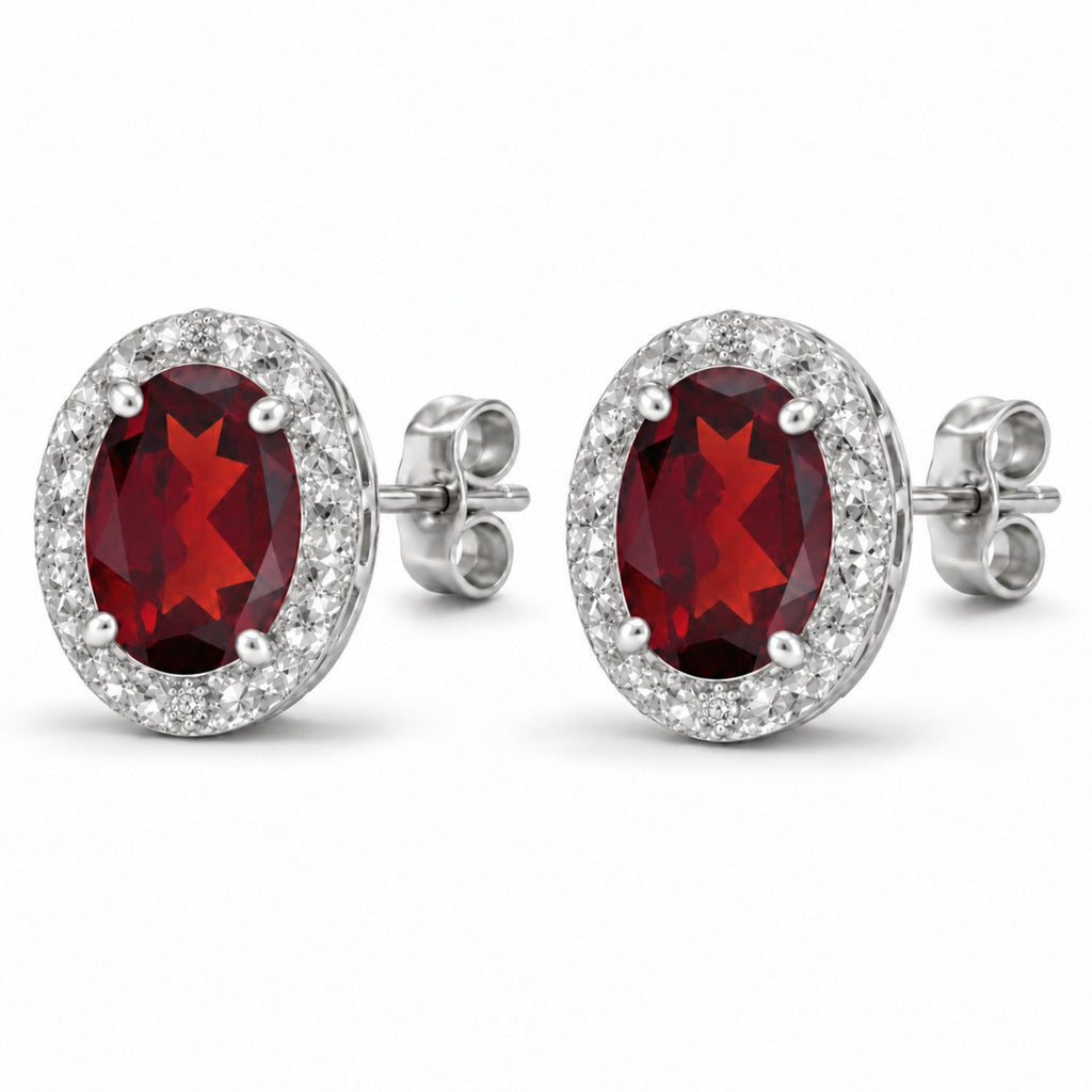 Oval Lab Garnet & Lab Diamond Halo Stud Earrings 14K White Gold 6x4mm