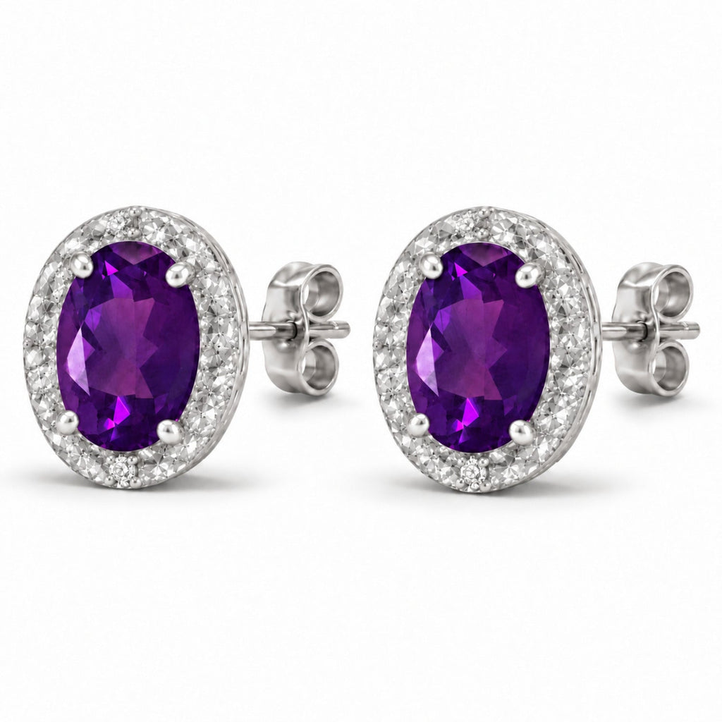 Oval Lab Amethyst & Lab Diamond Halo Stud Earrings 14K White Gold 6x4mm