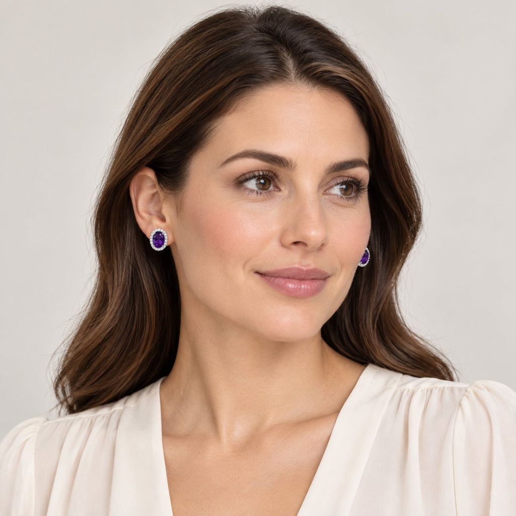 Diamond and Amethyst Earrings 14k White Gold 1.46ct — full-face model reference; illustrative scale