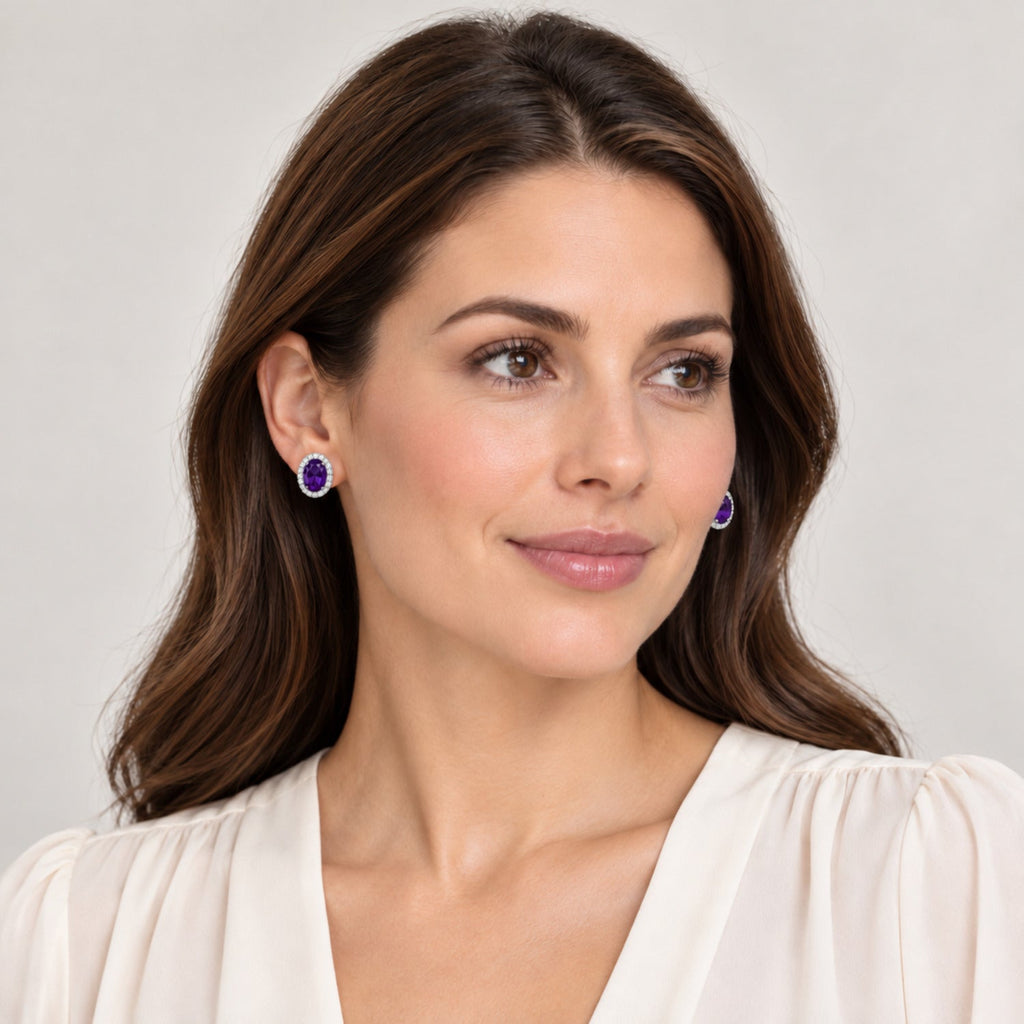 Oval Lab Amethyst & Lab Diamond Halo Stud Earrings 14K White Gold 6x4mm