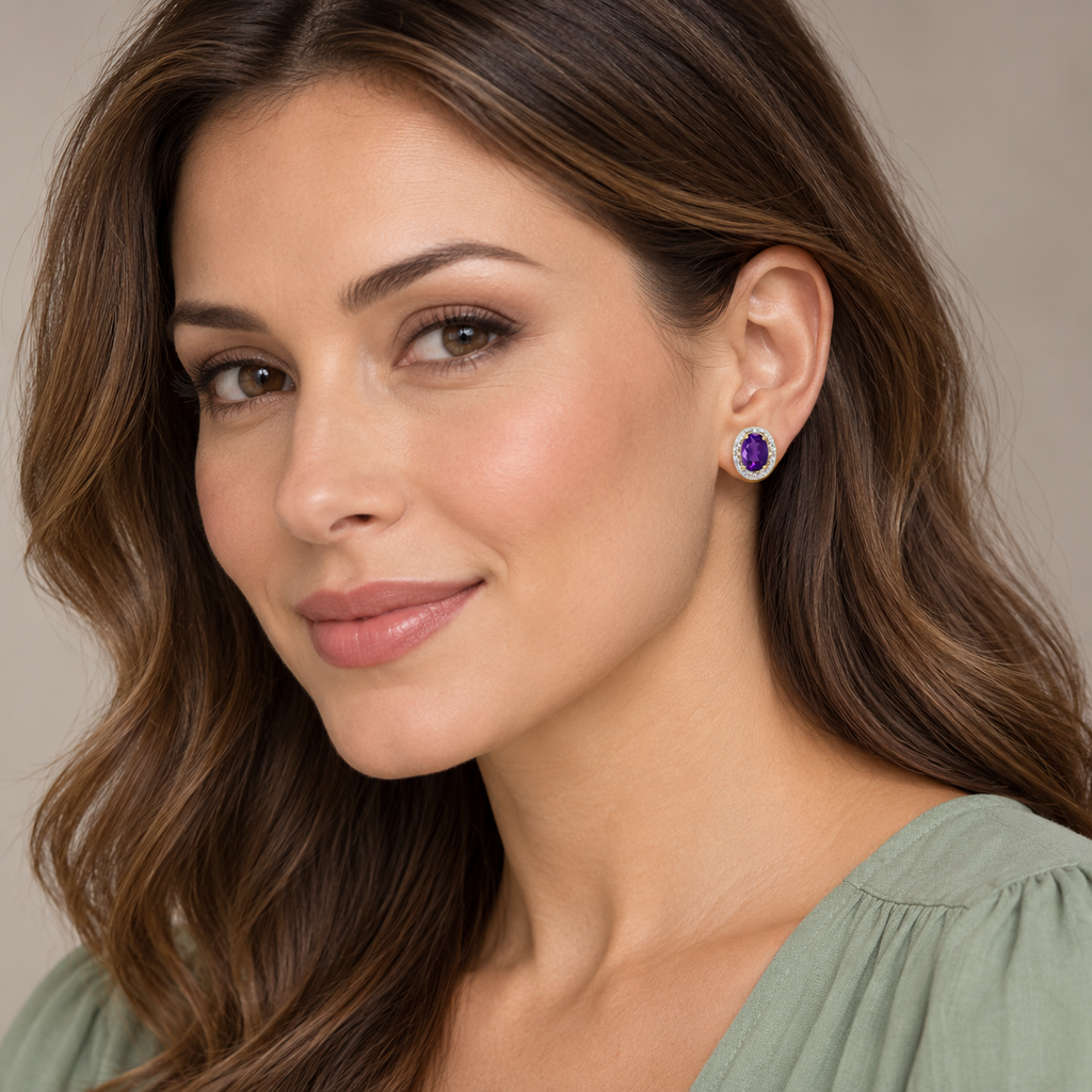 Diamond and Amethyst Earrings 14k Yellow Gold (7×5 mm) on model — proposed 7x5 mm version