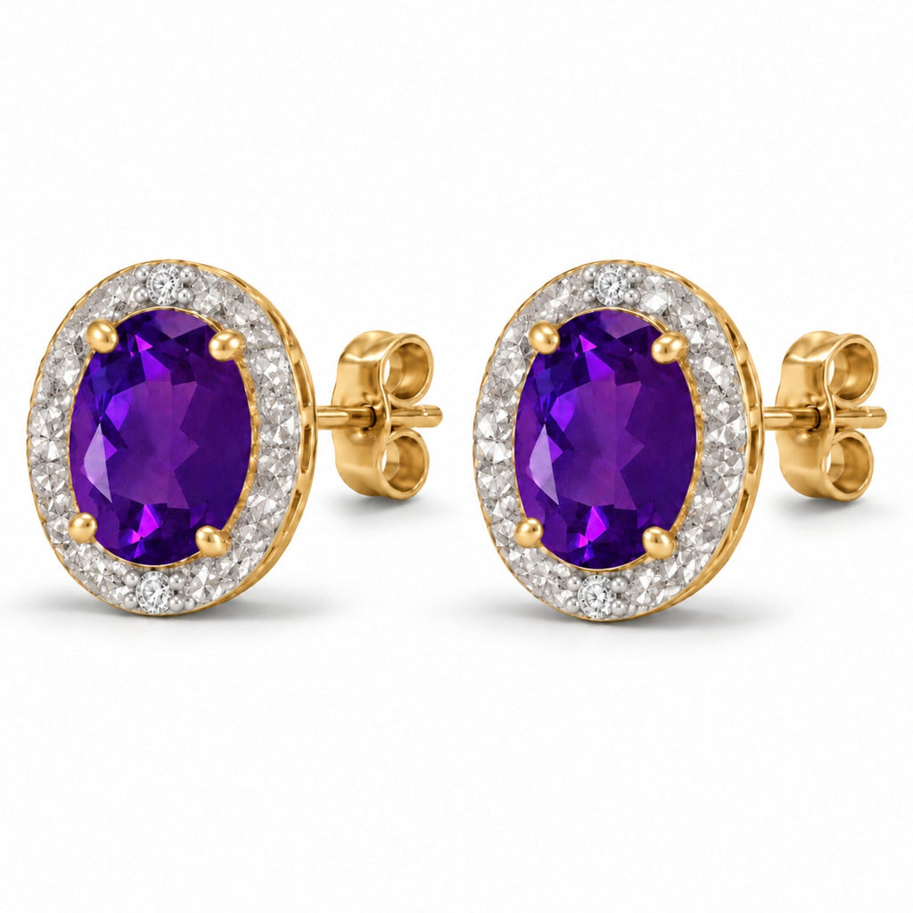 Oval Lab Amethyst & Lab Diamond Halo Stud Earrings 14K Yellow Gold 6x4mm