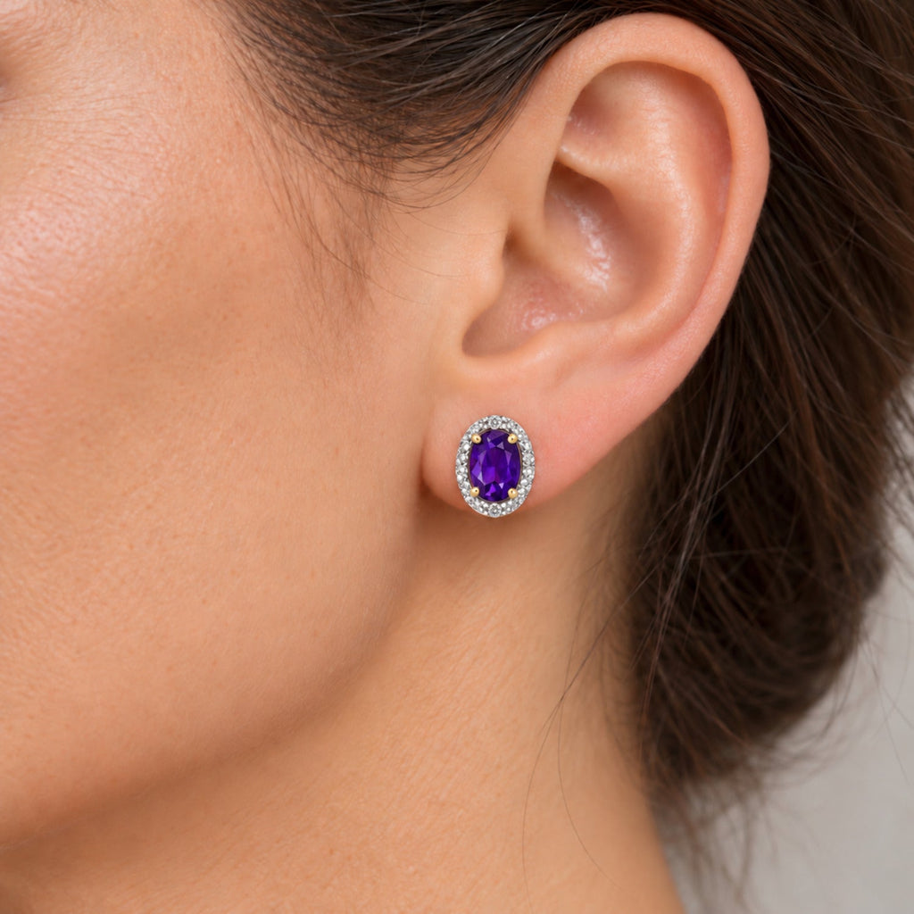 Oval Lab Amethyst & Lab Diamond Halo Stud Earrings 14K Yellow Gold 6x4mm