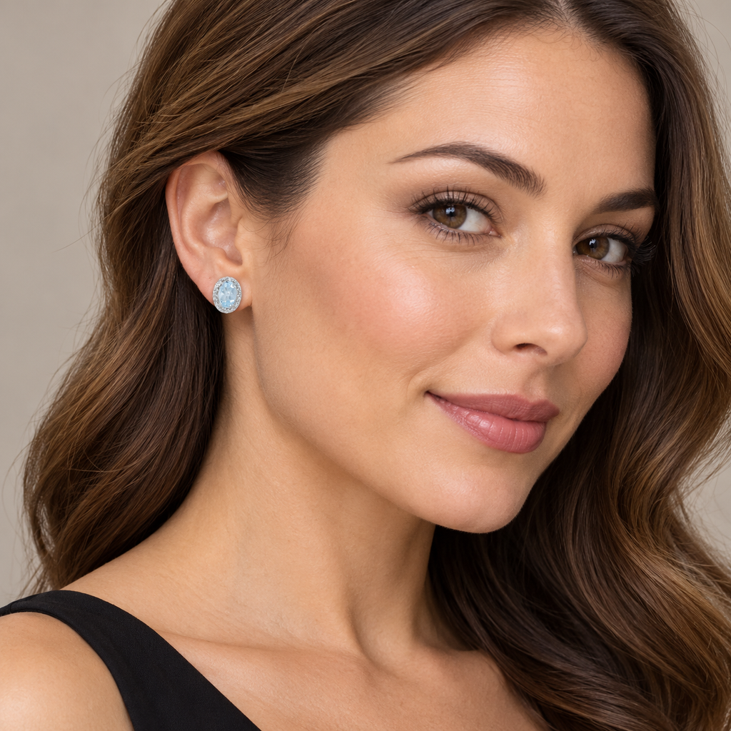 Diamond and Aquamarine Earrings 14k White Gold (7×5 mm) on model — proposed 7x5 mm version