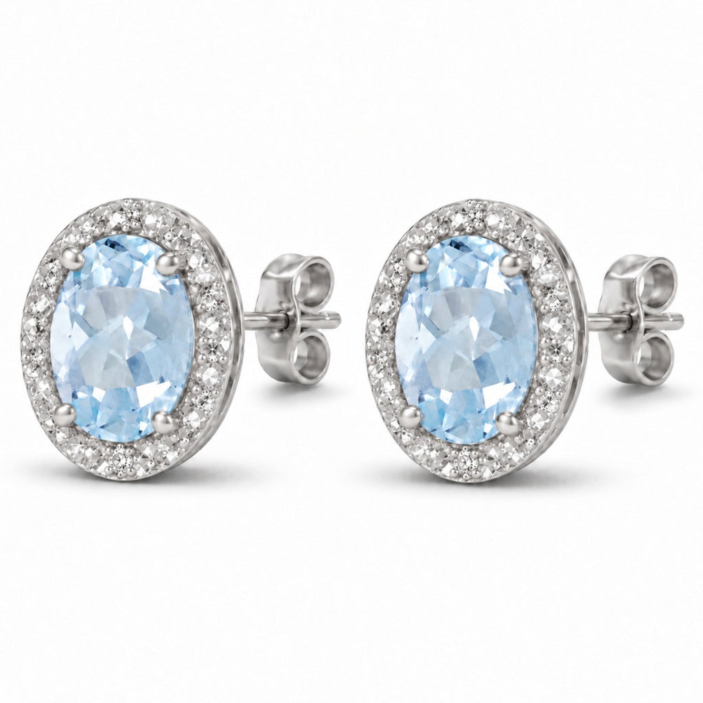 Oval Lab Aquamarine & Lab Diamond Halo Stud Earrings 14K White Gold 6x4mm