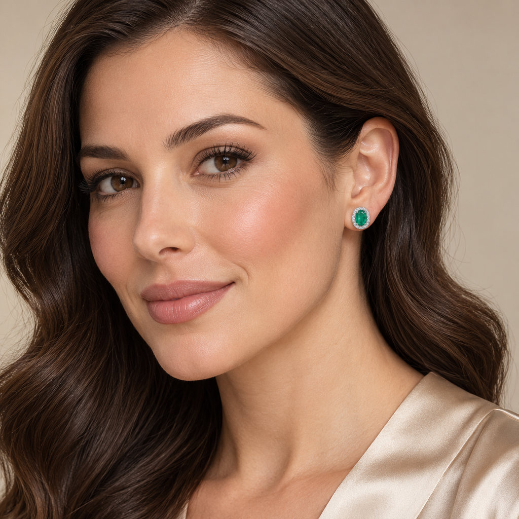 Diamond and Emerald Earrings in 14k White Gold (7×5 mm) on model — proposed 7x5 mm version