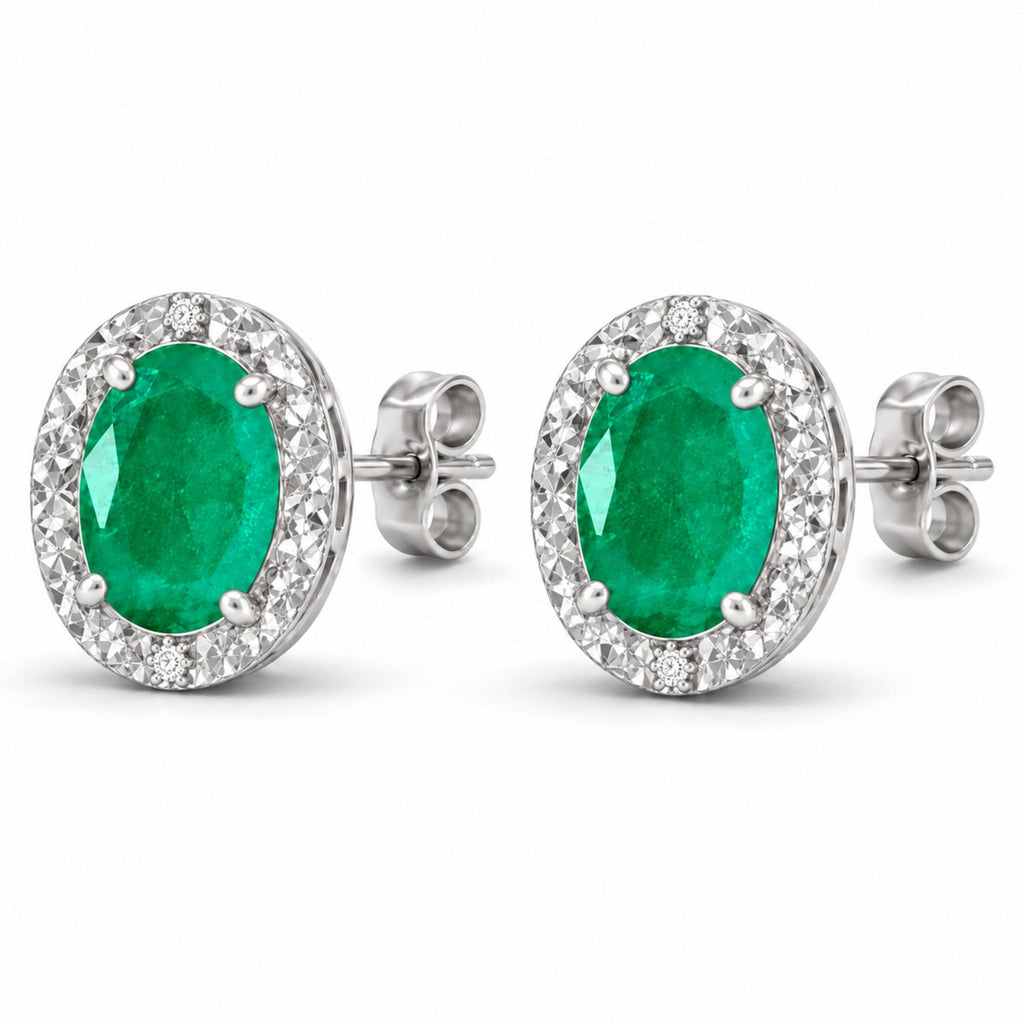 Oval Lab Emerald & Lab Diamond Halo Stud Earrings 14K White Gold 6x4mm