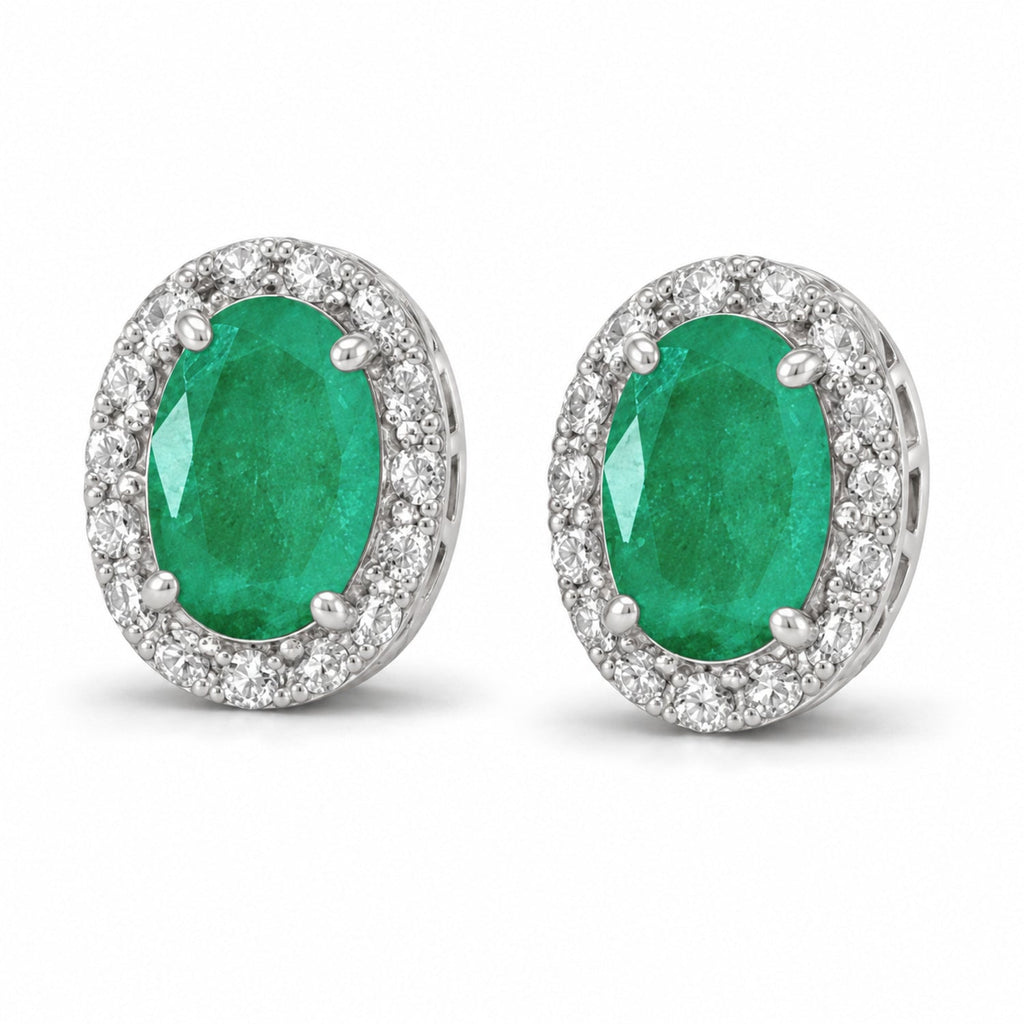 Diamond and Emerald Earrings 14k White Gold 1.58ct — angled product reference from matching 6x4mm version