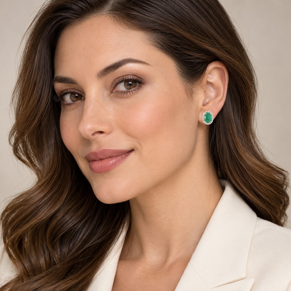 Diamond and Emerald Earrings in 14k Yellow Gold (7×5 mm) on model — proposed 7x5 mm version