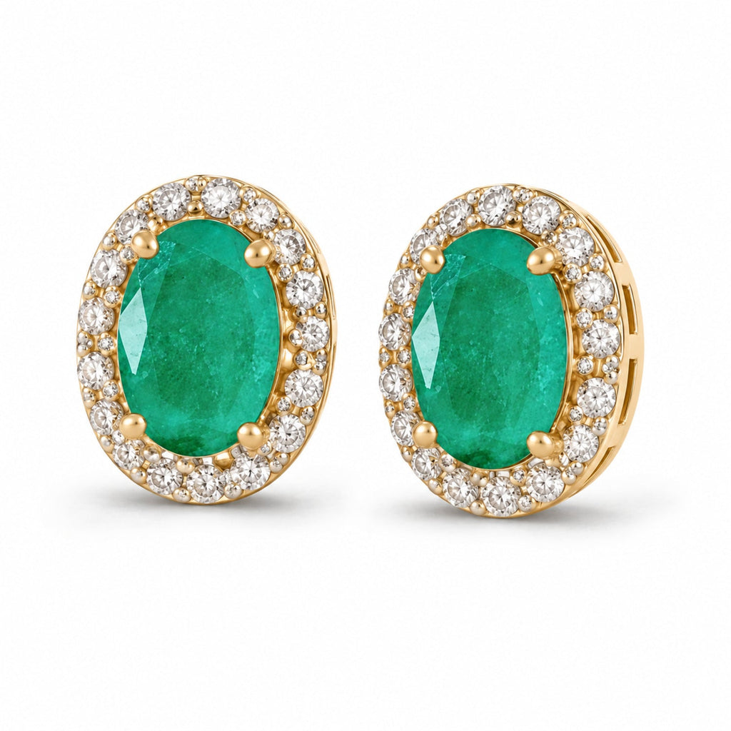 Lab-Grown Diamond and Lab-Grown Emerald Earrings 14k Yellow Gold 1.58ct — angled product reference from matching 6x4mm version