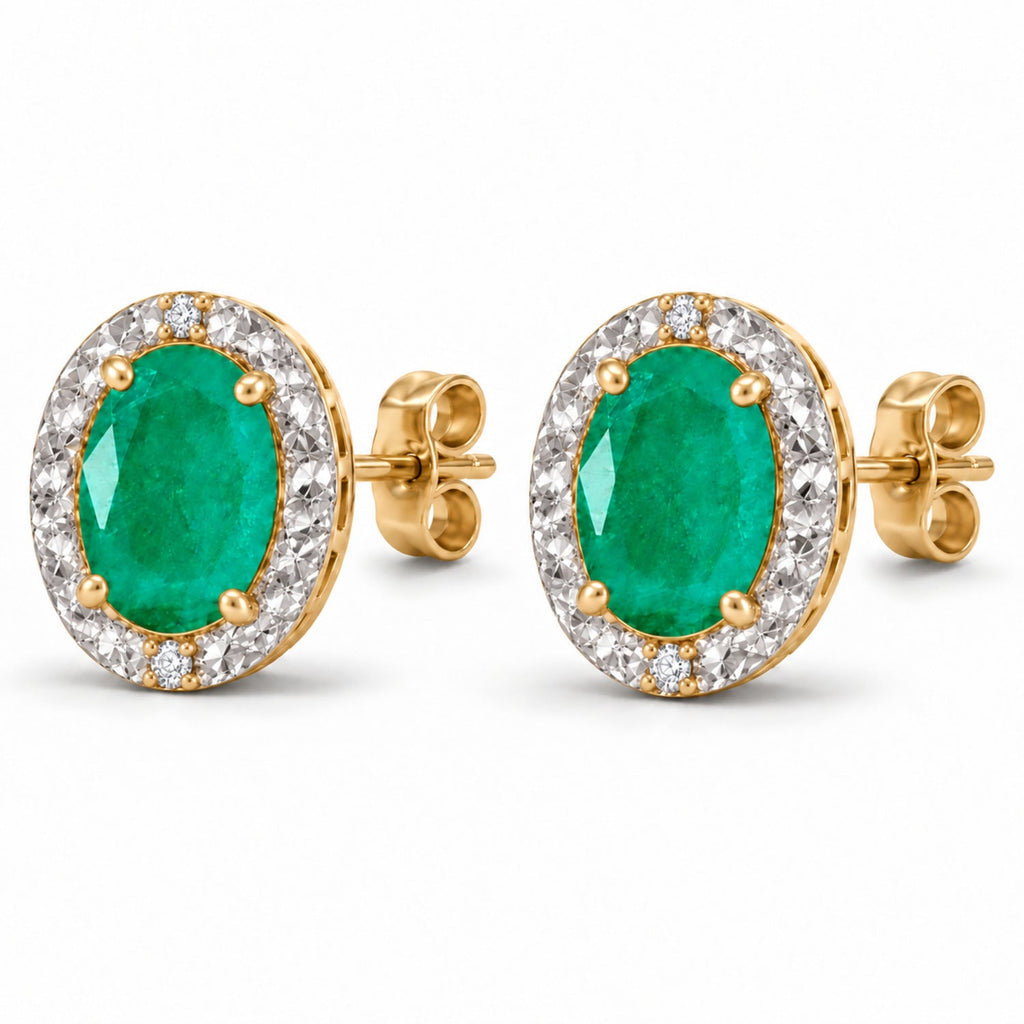 Oval Lab Emerald & Lab Diamond Halo Stud Earrings 14K Yellow Gold 6x4mm