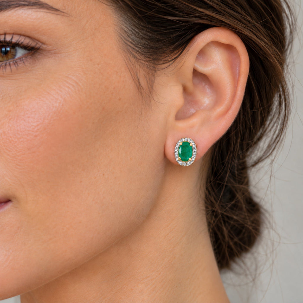 Oval Lab Emerald & Lab Diamond Halo Stud Earrings 14K Yellow Gold 6x4mm