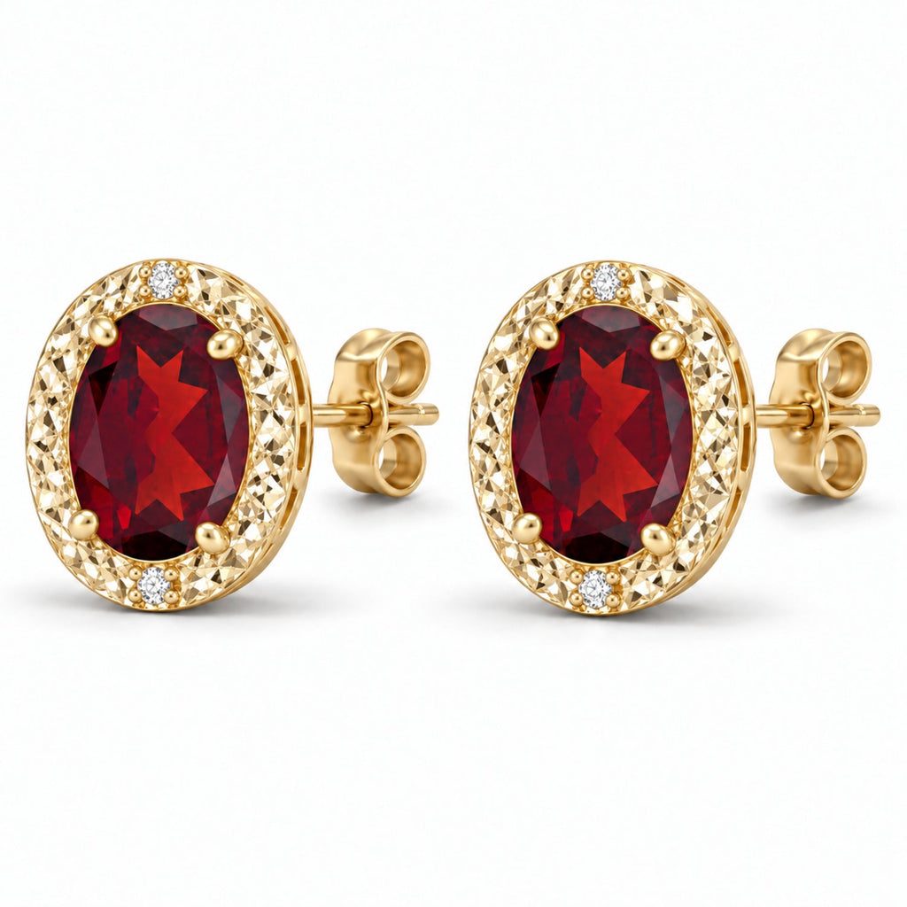 Oval lab ruby and lab diamond earrings 14K yellow gold, 6x4 mm — alternate angle