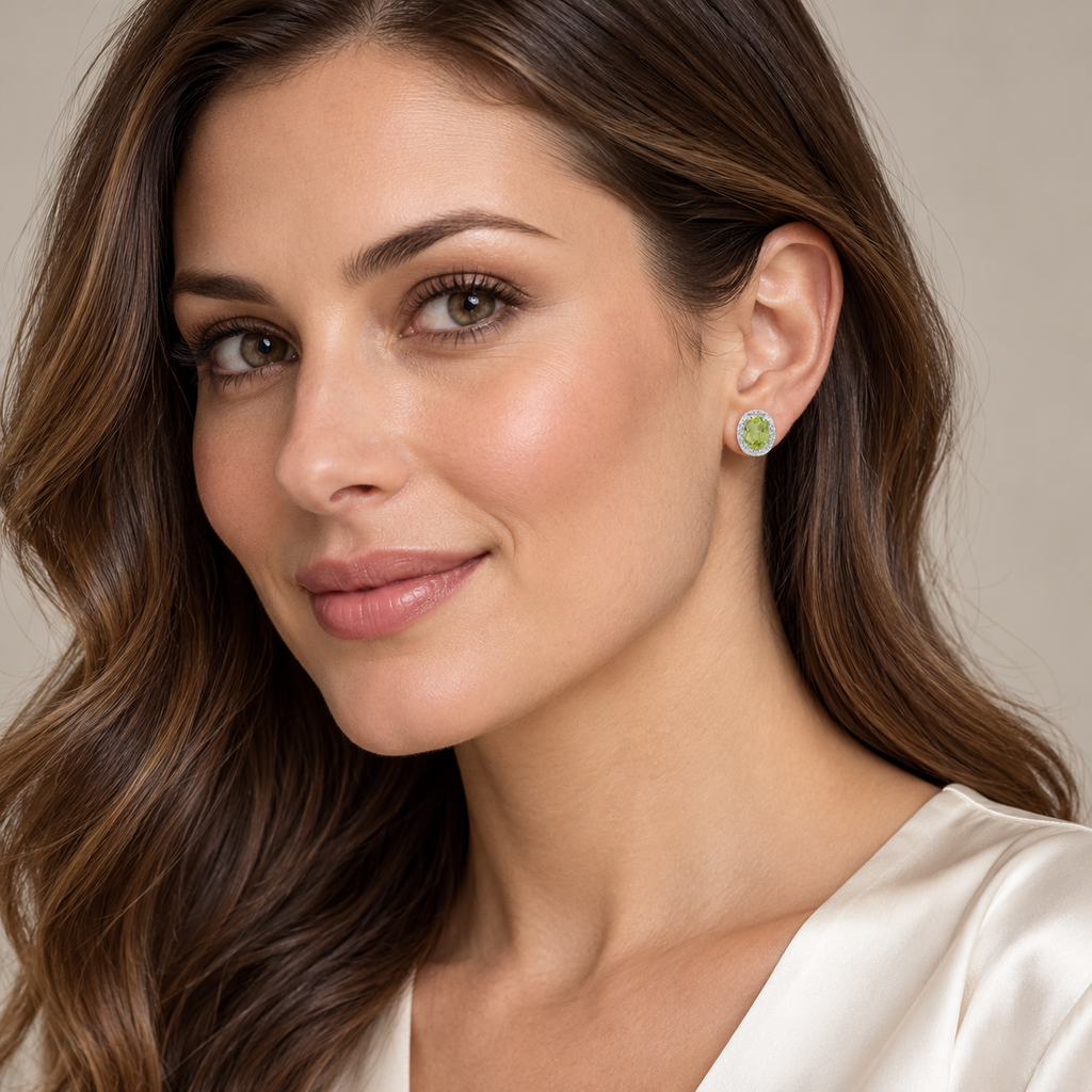 Diamond and Peridot Earrings 14k White Gold (7×5 mm) on model — proposed 7x5 mm version