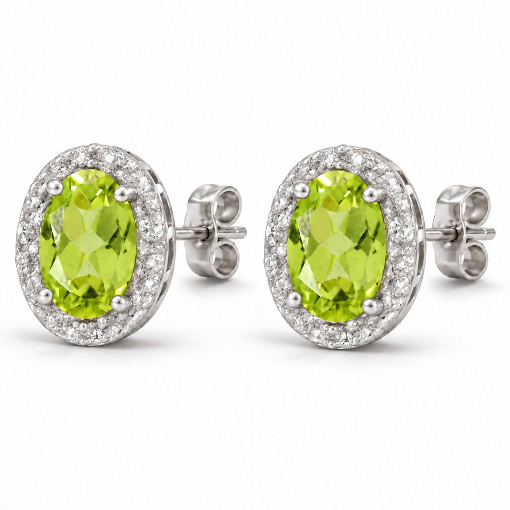Oval Lab Peridot & Lab Diamond Halo Stud Earrings 14K White Gold 6x4mm
