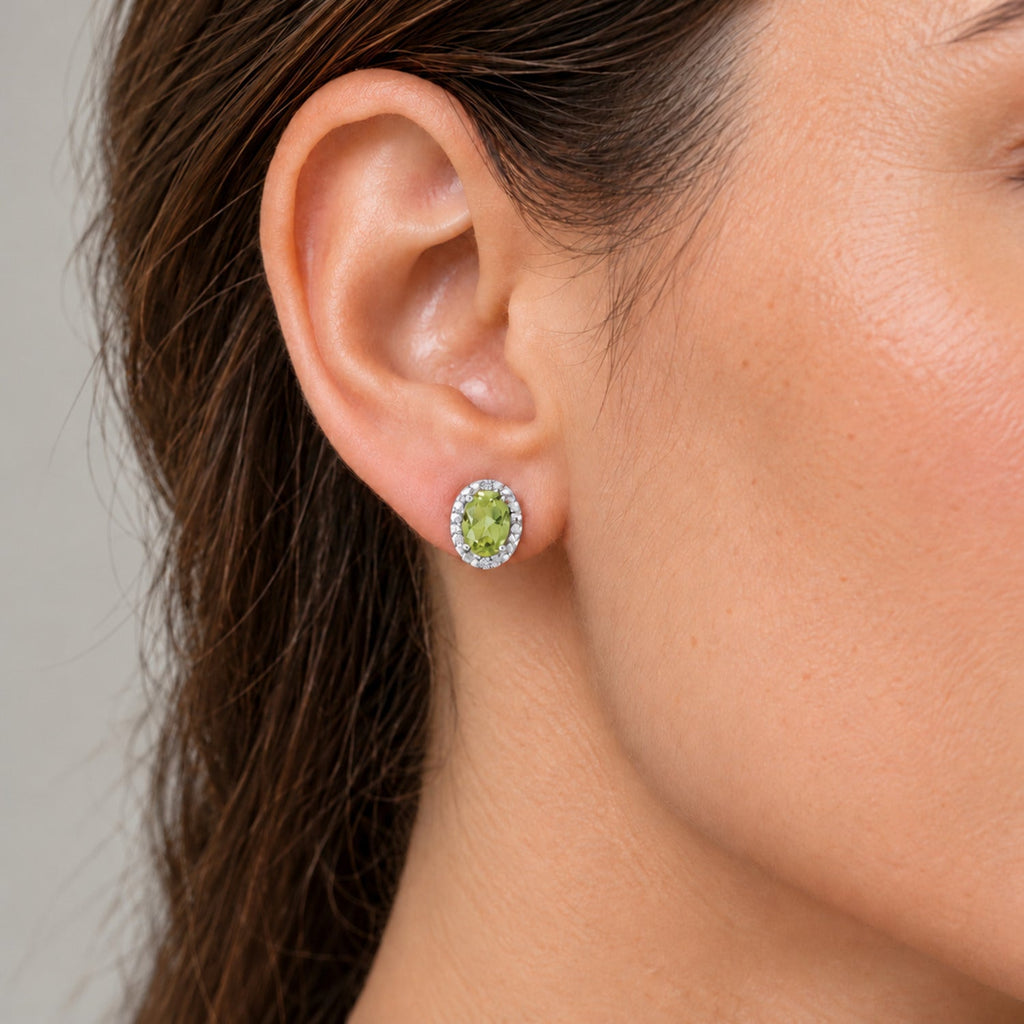 Oval Lab Peridot & Lab Diamond Halo Stud Earrings 14K White Gold 6x4mm