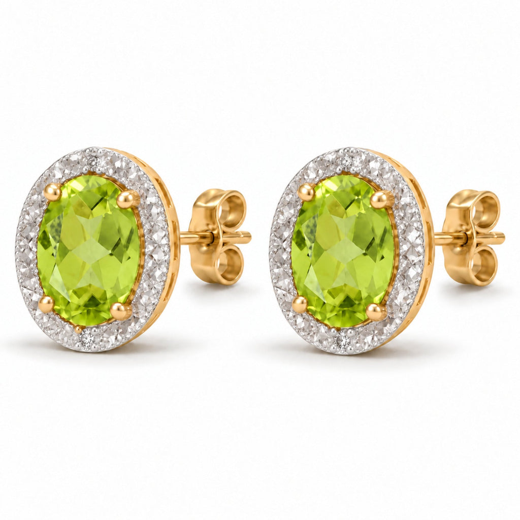 Oval Lab Peridot & Lab Diamond Halo Stud Earrings 14K Yellow Gold 6x4mm