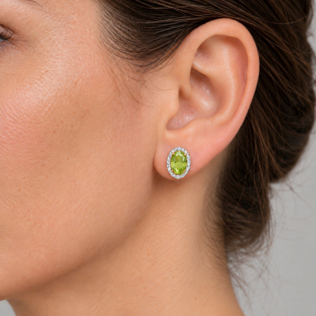 Oval Lab Peridot & Lab Diamond Halo Stud Earrings 14K Yellow Gold 6x4mm