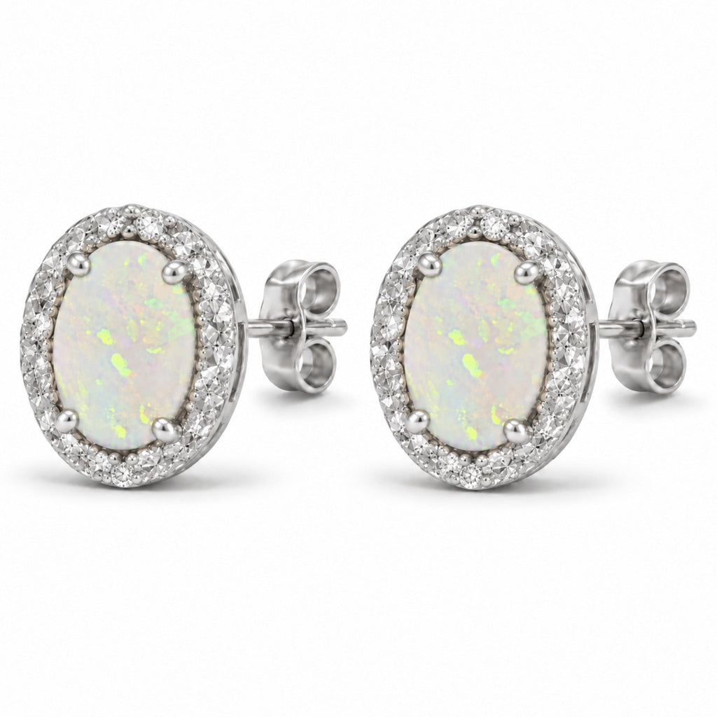 Oval Lab Opal & Lab Diamond Halo Stud Earrings 14K White Gold 6x4mm