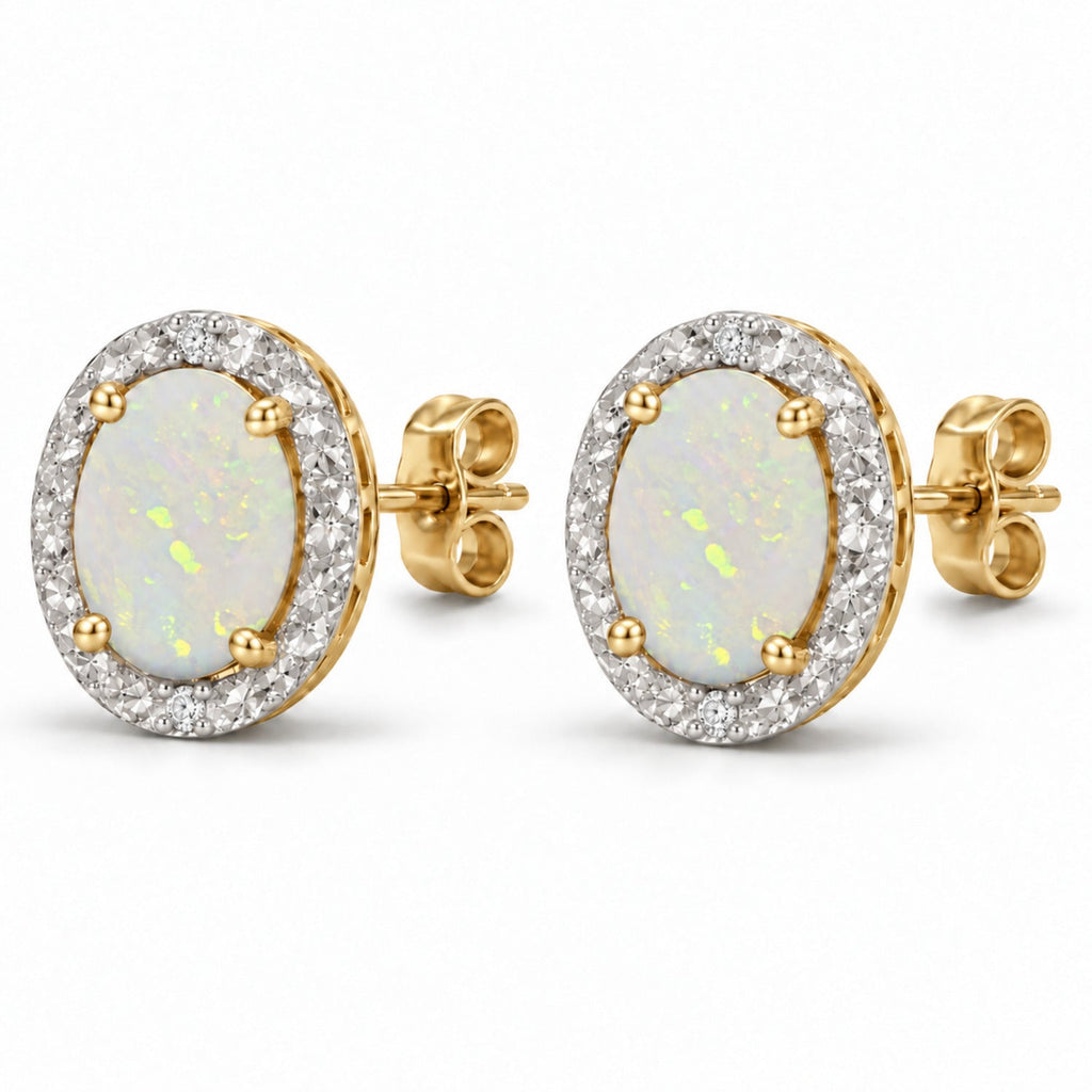 Oval Lab Opal & Lab Diamond Halo Stud Earrings 14K Yellow Gold 6x4mm