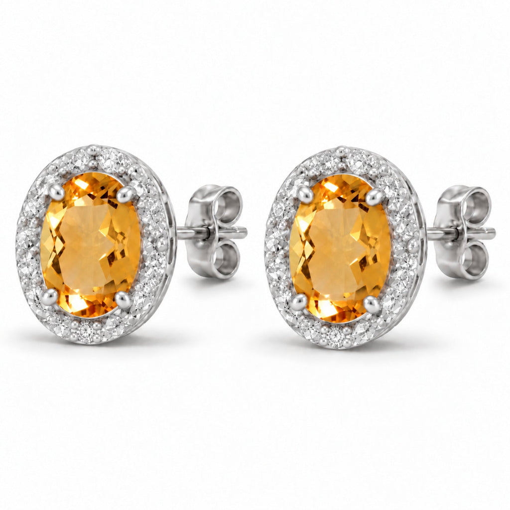 Oval Lab Citrine & Lab Diamond Halo Stud Earrings 14K White Gold 6x4mm