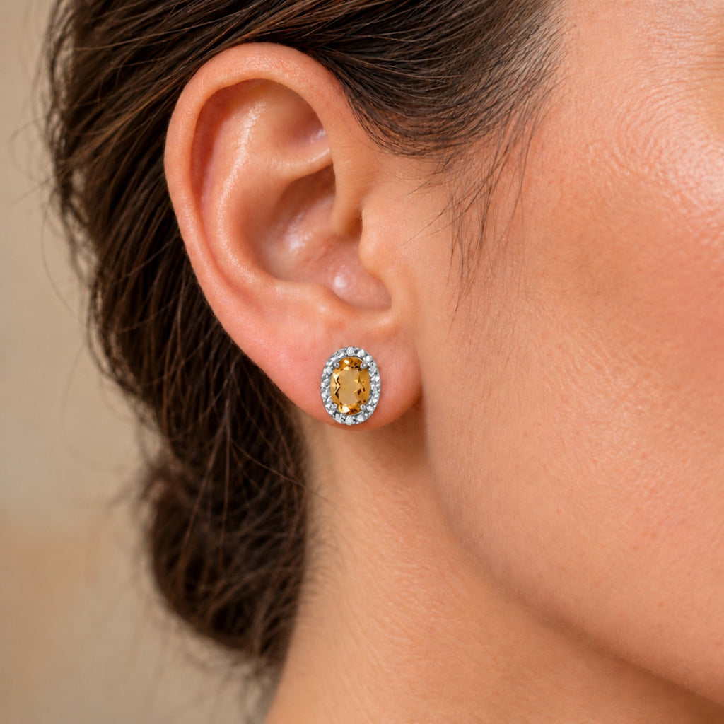 Oval Lab Citrine & Lab Diamond Halo Stud Earrings 14K White Gold 6x4mm