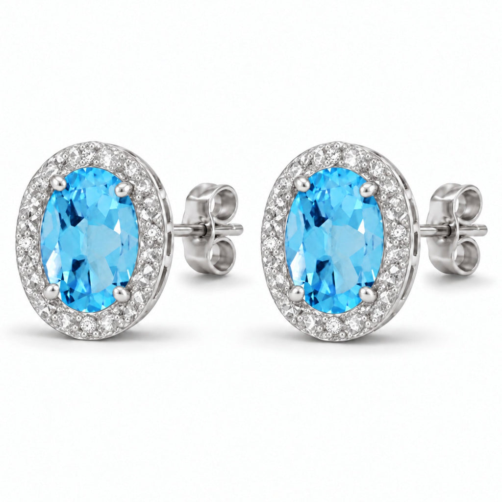 Oval Lab Blue Topaz & Lab Diamond Halo Stud Earrings 14K White Gold 6x4mm