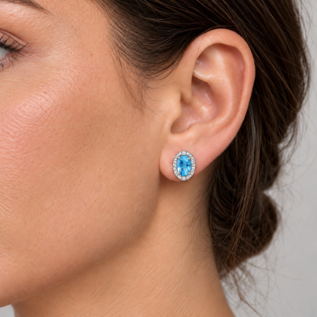 Oval Lab Blue Topaz & Lab Diamond Halo Stud Earrings 14K White Gold 6x4mm