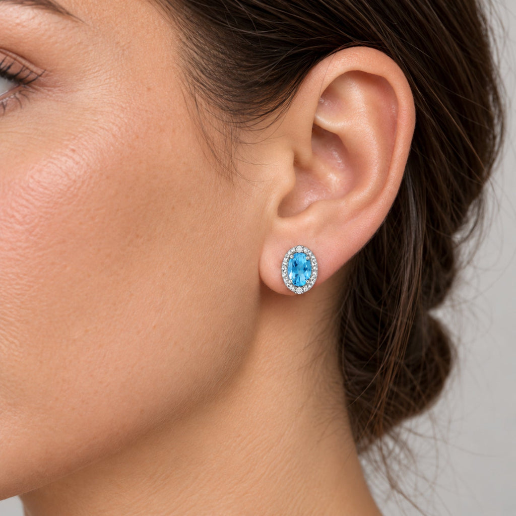 Diamond and Blue Topaz Earrings 14k White Gold 2.02ct — close-up model reference; illustrative scale