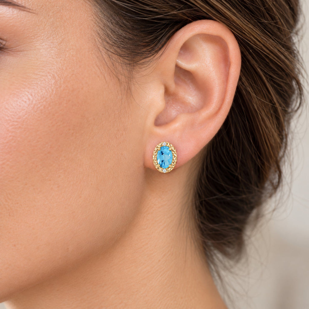 Diamond and Blue Topaz Earrings 14k Yellow Gold 2.02ct — close-up model reference; illustrative scale