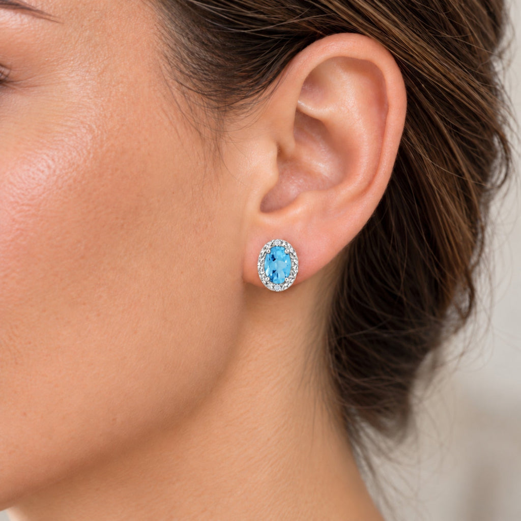 Oval Lab Blue Topaz & Lab Diamond Halo Stud Earrings 14K Yellow Gold 6x4mm