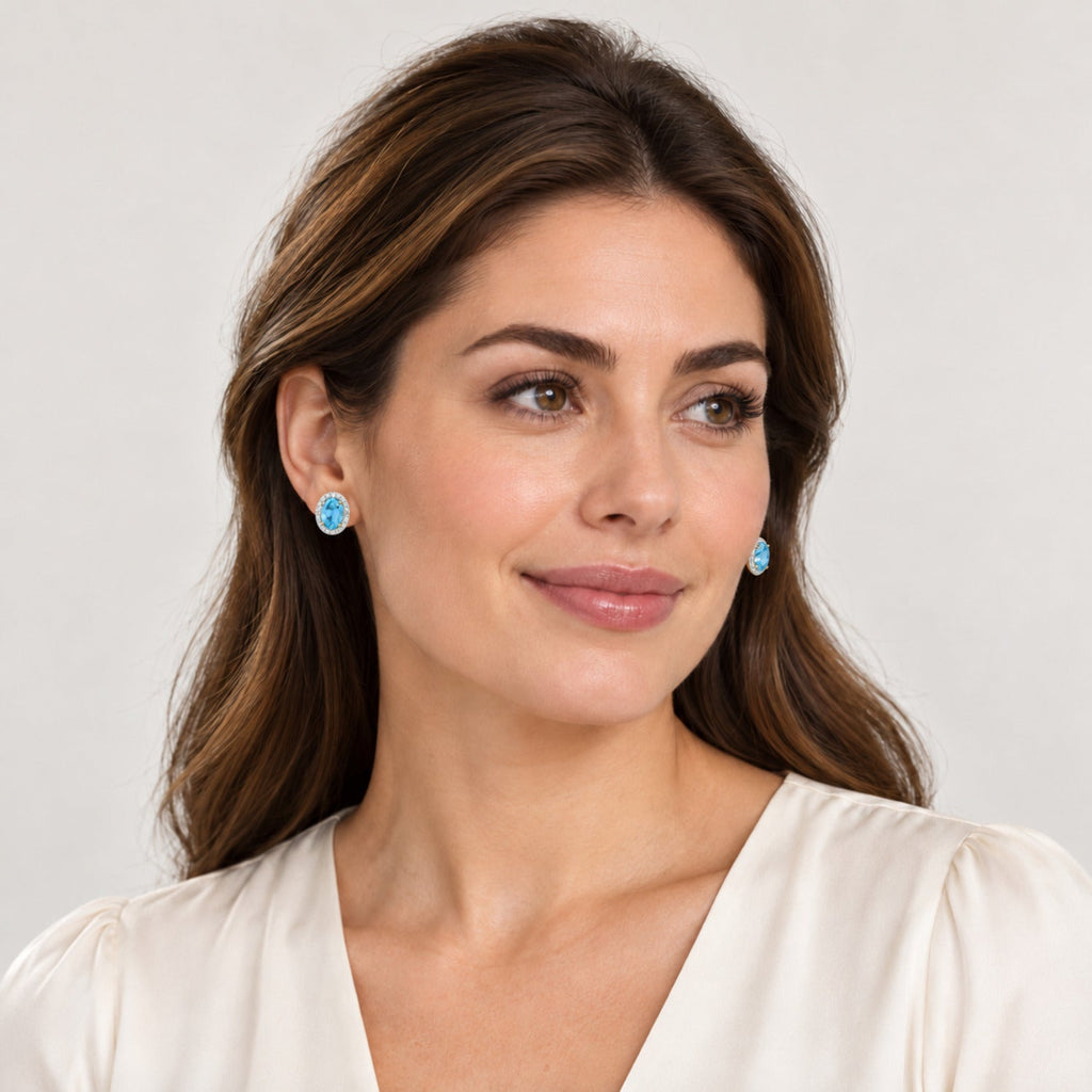 Oval Lab Blue Topaz & Lab Diamond Halo Stud Earrings 14K Yellow Gold 6x4mm