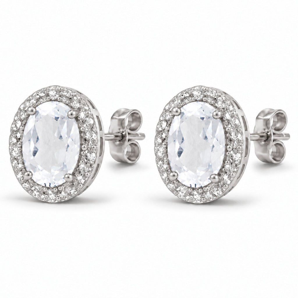 Oval Lab White Topaz & Lab Diamond Halo Stud Earrings 14K White Gold 6x4mm