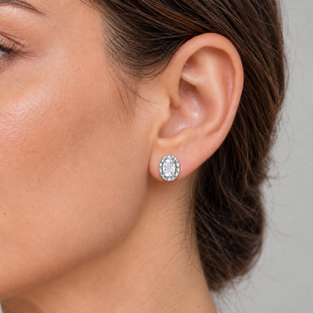 Oval Lab White Topaz & Lab Diamond Halo Stud Earrings 14K White Gold 6x4mm