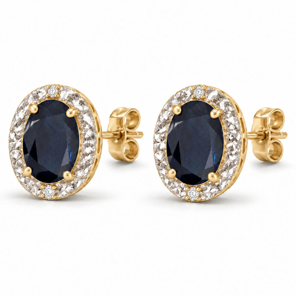 Oval Lab Blue Sapphire & Lab Diamond Halo Stud Earrings 14K Yellow Gold 6x4mm