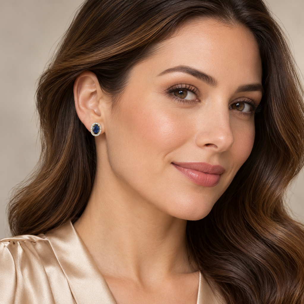 Lab-Grown Diamond and Lab-Grown Blue Sapphire Earrings 14k Yellow Gold (7×5 mm) on model — proposed 7x5 mm version