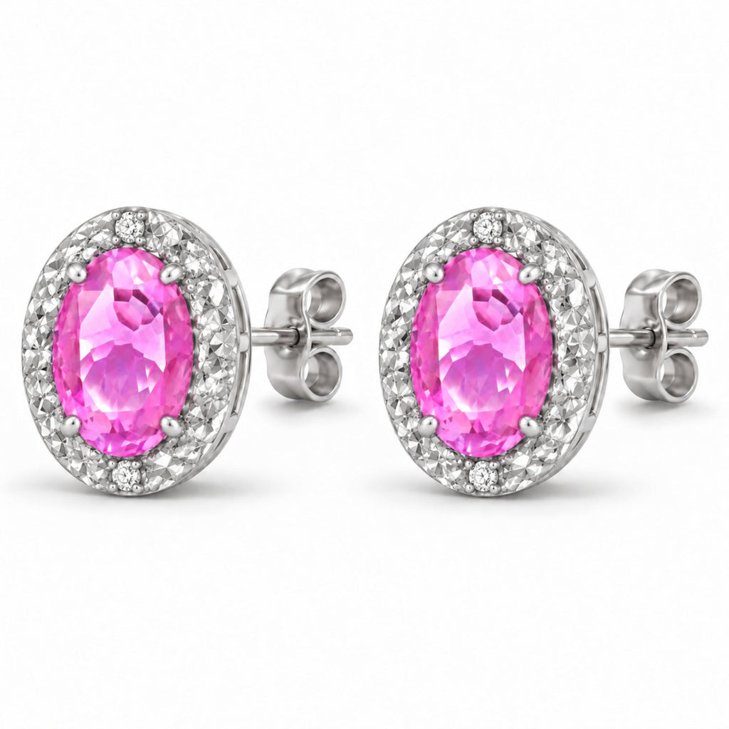 Oval Lab Pink Sapphire & Lab Diamond Halo Stud Earrings 14K White Gold 6x4mm