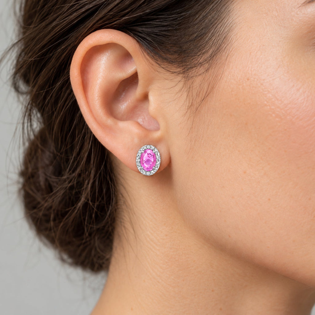 Oval Lab Pink Sapphire & Lab Diamond Halo Stud Earrings 14K White Gold 6x4mm