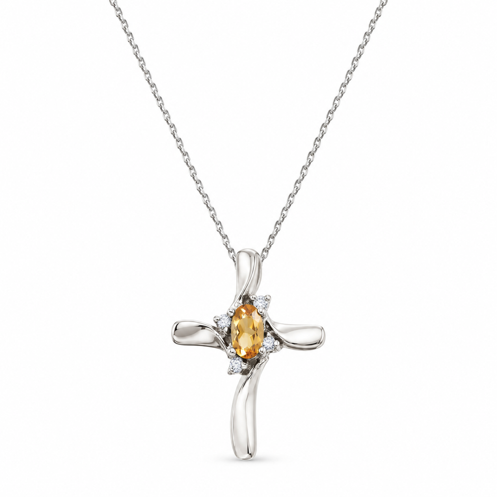 Oval Citrine & Diamond Cross Necklace Pendant 14k White Gold (0.50ct)