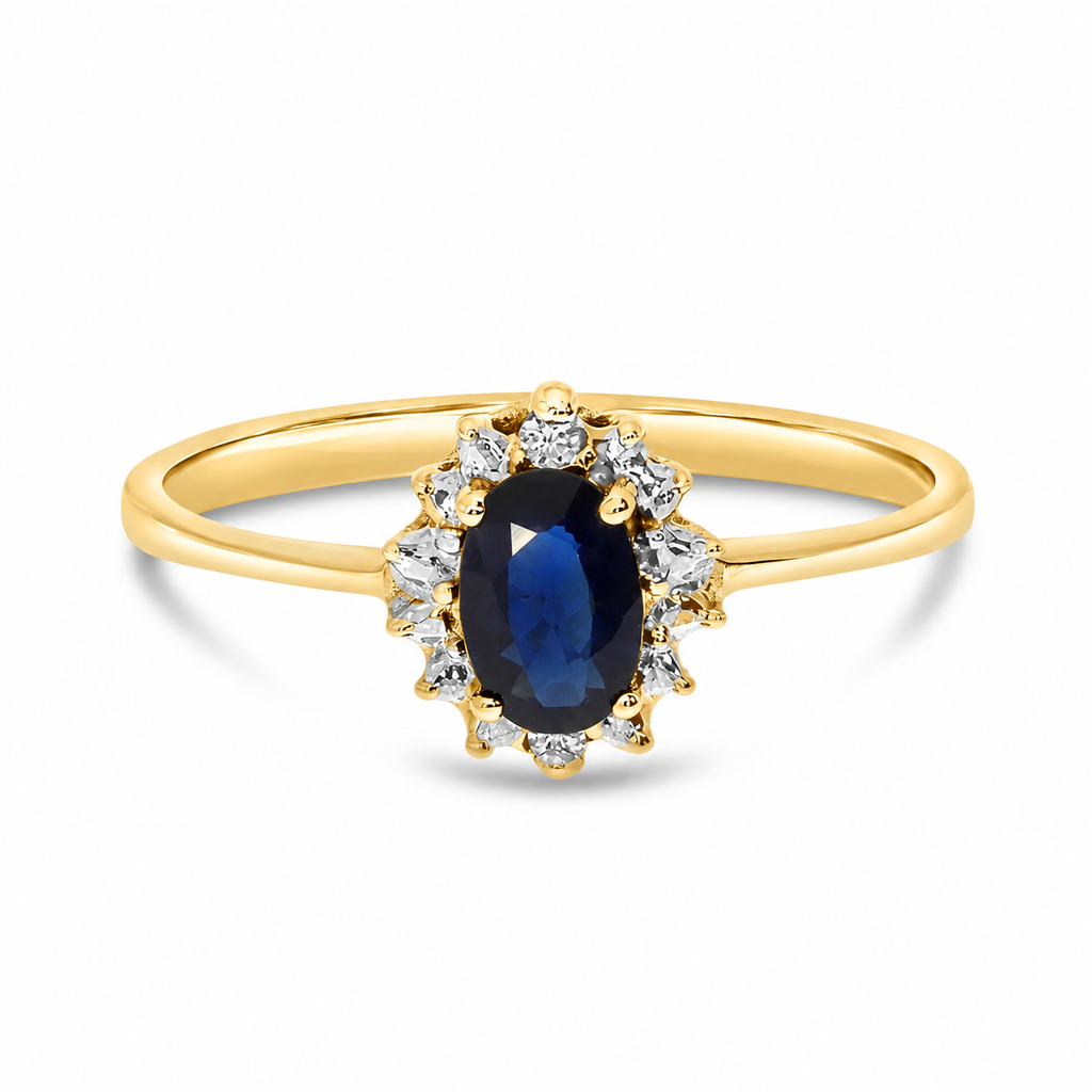 Natural 6x4mm oval blue sapphire and diamond halo Lady Diana ring in bright 14k yellow gold, alternate product view