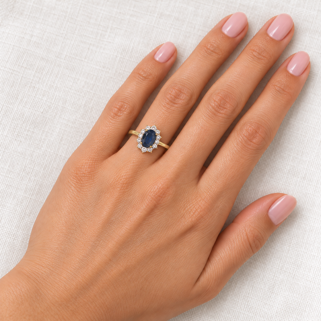 Natural 6x4mm oval blue sapphire diamond halo Lady Diana ring in 14k yellow gold on the left ring finger over ivory linen